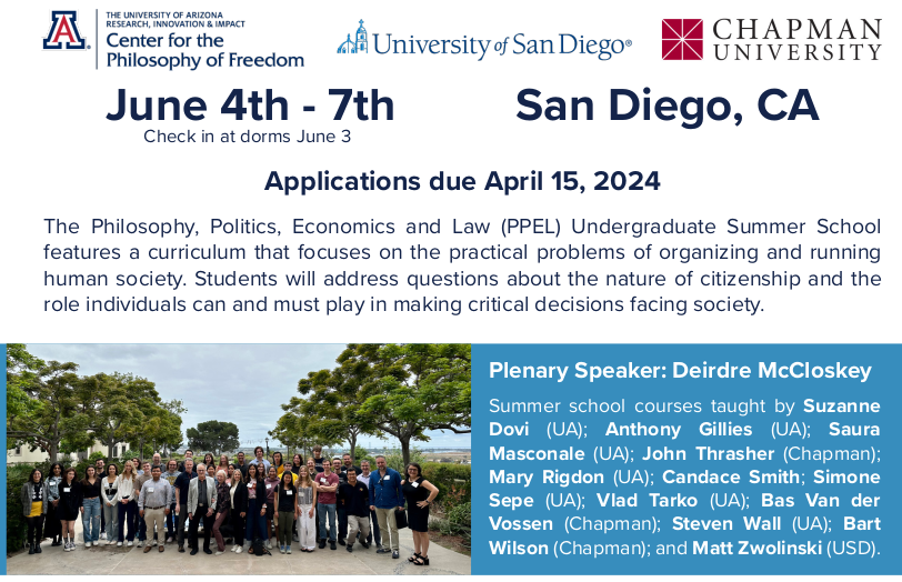 The second edition of the PPE Summer School in San Diego looks like it's going to be awesome. Encourage your undergrads to apply! freedomcenter.arizona.edu/ppel-summer-sc…