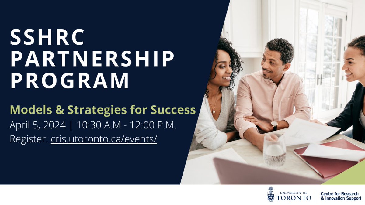 Thinking about applying for one of the upcoming SSHRC Partnership Funding opportunities? Learn more about models and strategies for success at our upcoming session on April 5th, 2023, from 10:30am – 12:00pm.      Register: cris.eve.utoronto.ca/home/events/42…