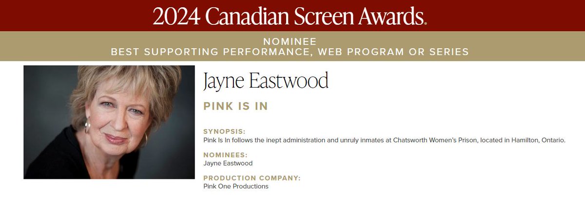 Congrats to Jayne Eastwood on her Canadian Screen Award nomination for #pinkisinshow <a href="/JayneEastwoodTO/">Jayne Eastwood</a> <a href="/TheCdnAcademy/">The Canadian Academy</a>