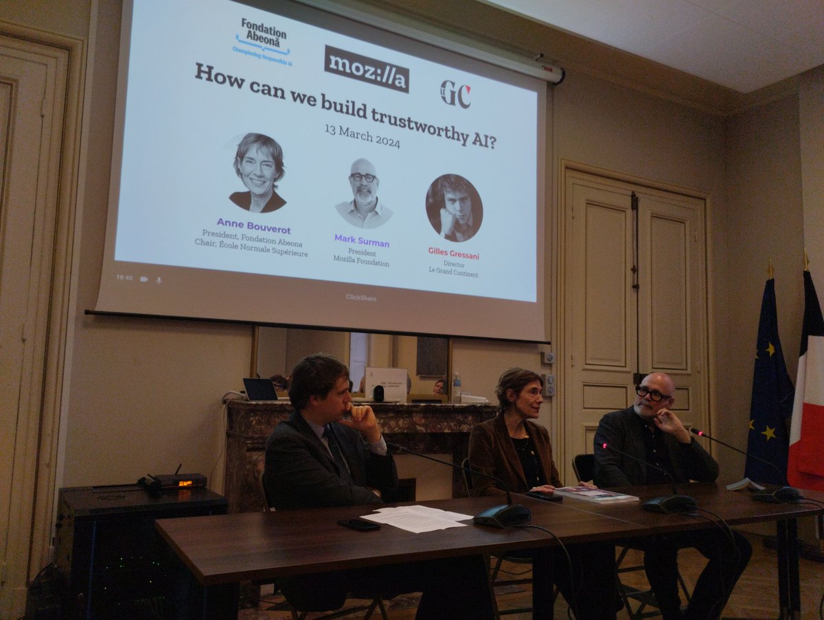 Pierre Ramond (@ramondpierre) on Twitter photo Timely discussion at the <a href="/ENS_ULM/">École normale supérieure | PSL</a> on artificial intelligence, jointly organized by the <a href="/Grand_Continent/">Le Grand Continent</a>, <a href="/FondationAbeona/">Fondation Abeona</a>, and @Mozilla Foundation, with <a href="/AnneBouverot/">AnneBouverot</a> and <a href="/msurman/">ms</a>, moderated by <a href="/GillesGressani/">Gilles Gressani</a>. Timely discussion at the <a href="/ENS_ULM/">École normale supérieure | PSL</a> on artificial intelligence, jointly organized by the <a href="/Grand_Continent/">Le Grand Continent</a>, <a href="/FondationAbeona/">Fondation Abeona</a>, and @Mozilla Foundation, with <a href="/AnneBouverot/">AnneBouverot</a> and <a href="/msurman/">ms</a>, moderated by <a href="/GillesGressani/">Gilles Gressani</a>.