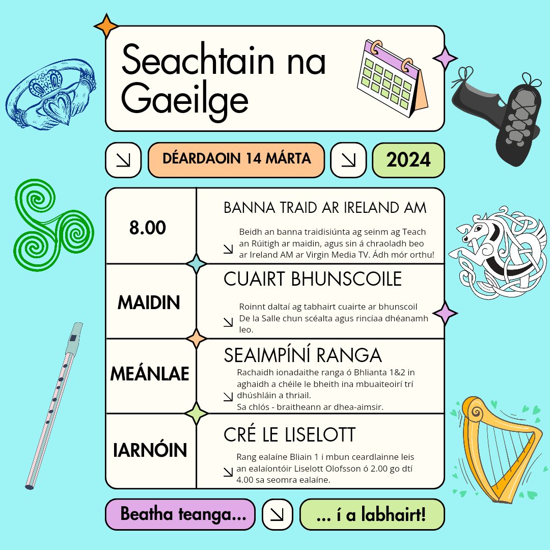 Imeachtaí Déardaoine @SnaGaeilge Ádh mór ar an mbanna traidisiúnta ar @IrelandAMVMTV ó @HouseRothe maidin amárach! #pobalgaelach 💚