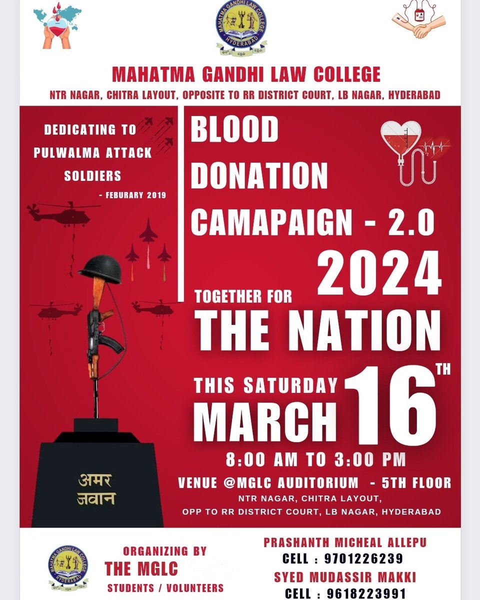 The Mahatma Gandhi Law College setting its #BloodDonation campaign 2.0 in 2024 #BloodDonars & News Reporters welcomed @V6News @tv5newsnow @TV9Telugu @etvandhraprades @TNewsTelugu @NtvTeluguLive @abntelugutv @inewstelugu @sakshinews @10TV @vanithatv @mahaanewstelugu @CVRNEWSTV