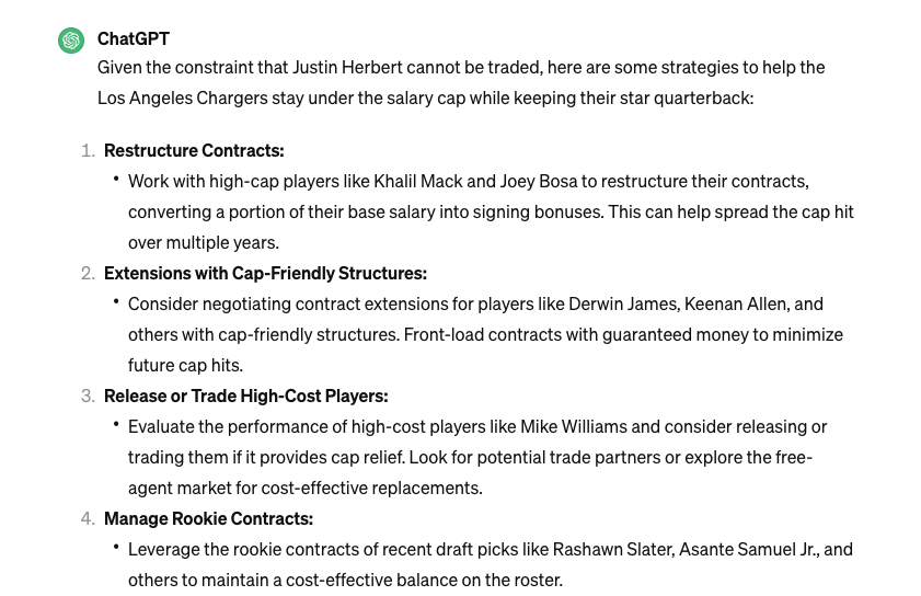 joseph_e_ct's tweet photo. @AdamSchefter ChatGPT favors Mike Williams for a release. https://t.co/gzcu2dH7DQ