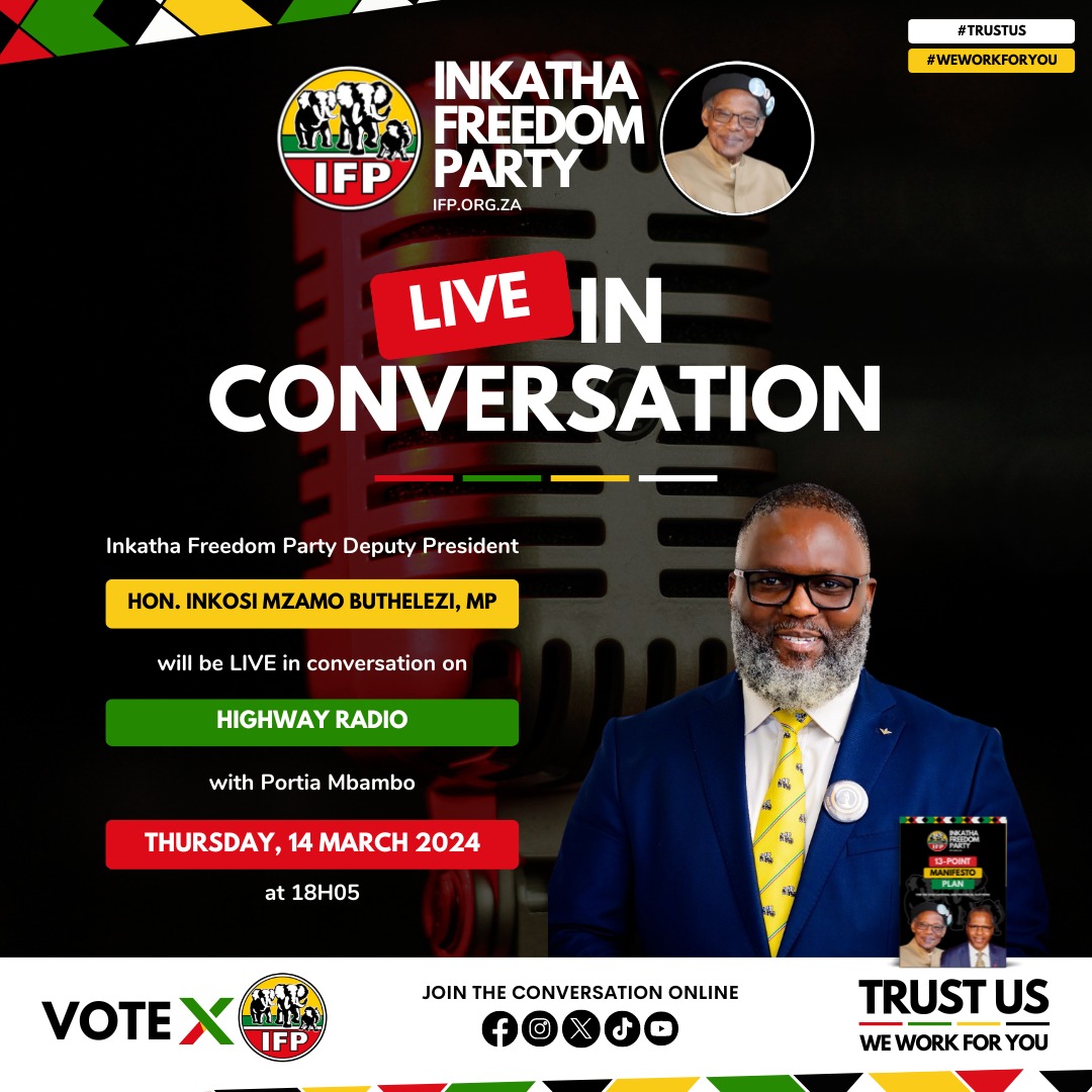 vote_ifp's tweet photo. 🎙️Tune into @_highwayradio tomorrow at 18:05 with presenter Portia Mbambo and IFP Deputy President Inkosi Mzamo Buthelezi,MP unpacking our solutions for government #IFP #Shenge #IFPManifesto #13PointPlan #PutSAfirst #Sethembe #SisebenzelaWena #DoItForShenge! 🐘🐘🐘🇿🇦 https://t.co/uI9315I7e8