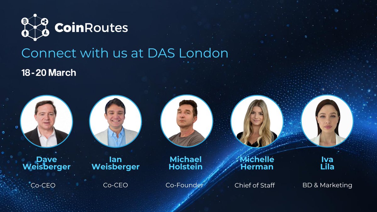 The CoinRoutes team will be out in full force at @blockworksDAS in London next week. @daveweisberger1, @ianweisberger, Michael Holstein, Michelle Herman, and @ivalila03 are excited to connect with industry leaders and discuss how our patented smart order routing system is