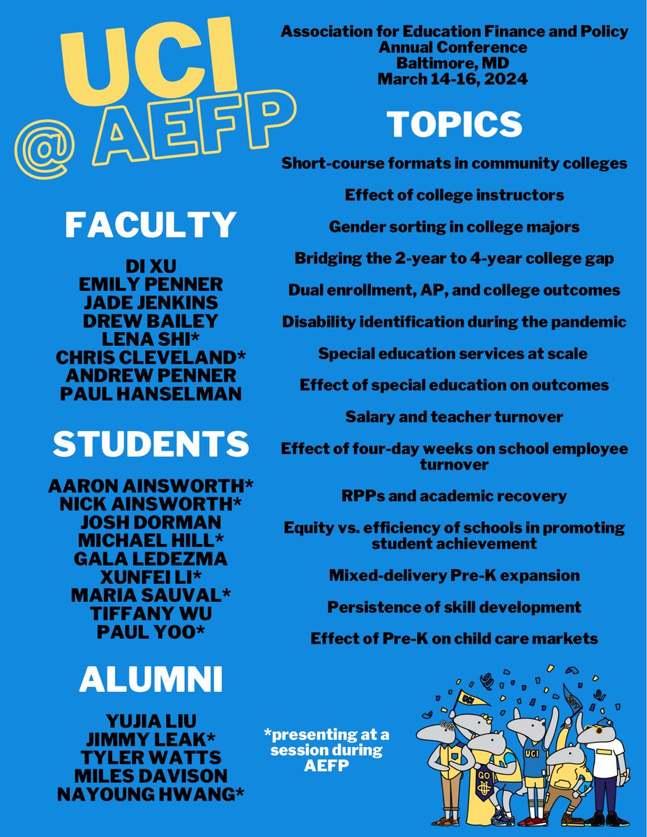 a_j_ainsworth's tweet photo. A lot of great education policy work from @UCIEducation will be presented this weekend @aefpweb! Here are all of the topics that will be presented and the sessions: 
https://t.co/S3qEEVnsw4 

see you in Baltimore! https://t.co/xg7Hcsa6fN