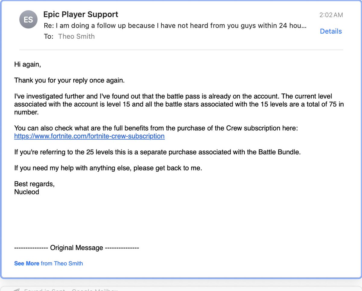 TheoSIII's tweet photo. @FortniteGame I'm waiting for my crew membership to give me my battle pass, it hasn't and I've reached out to technical support, they told me that the battle pass is not included with the crew membership. Anyone have any ideas since epic can't help me?? Whoever this is should not work here. https://t.co/WpbchhHS1U