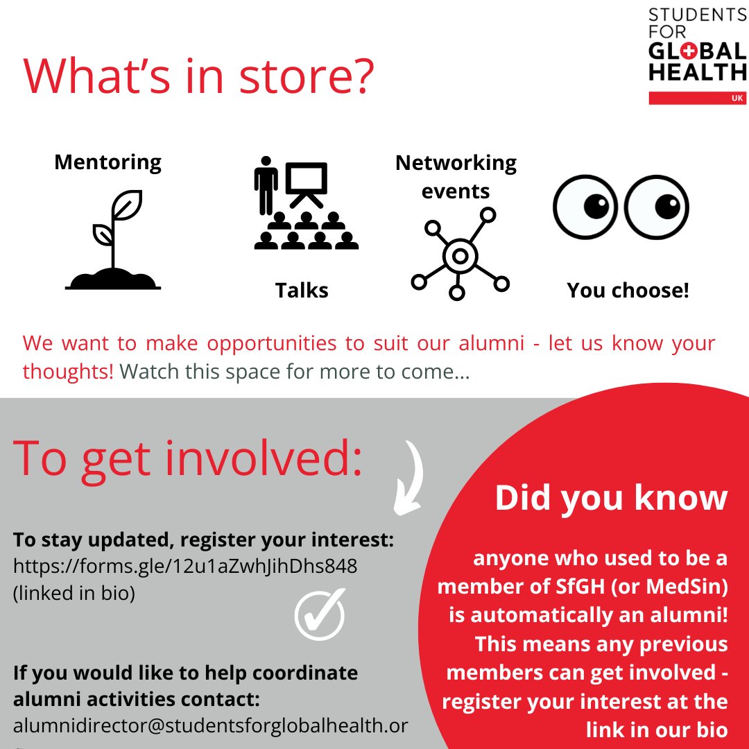 Calling our alumni! 👀 We're launching a new initiative for alumni, to register your interest sign up here: forms.gle/12u1aZwhJihDhs… We want to hear what opportunities you'd like to see - get in touch with your thoughts and please spread the word! #globalhealth