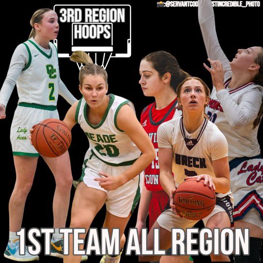 Your 2023-24 ALL 3RH First Team: Peyton Bradley (Meade), Hailee Johnson (O’Cath), Kennedy Lane (Daviess), Cariann Williams (Edmonson) &amp; Caroline Lucas (Breck)
