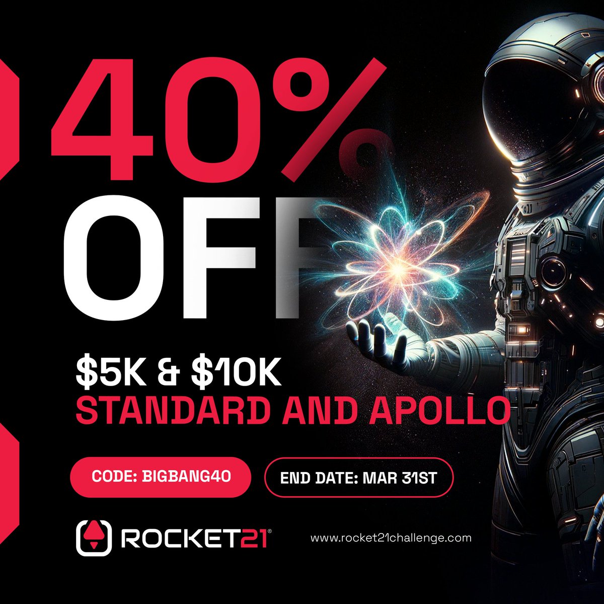 Rocket21funding's tweet photo. Friendly Reminder of our BIGBANG40 Promo, get 40% discount on 5K and 10K challenges.
All Non-US traders can use CTrader as a platform. 
Ask our Support Team about it https://t.co/6qSmuUdvqU