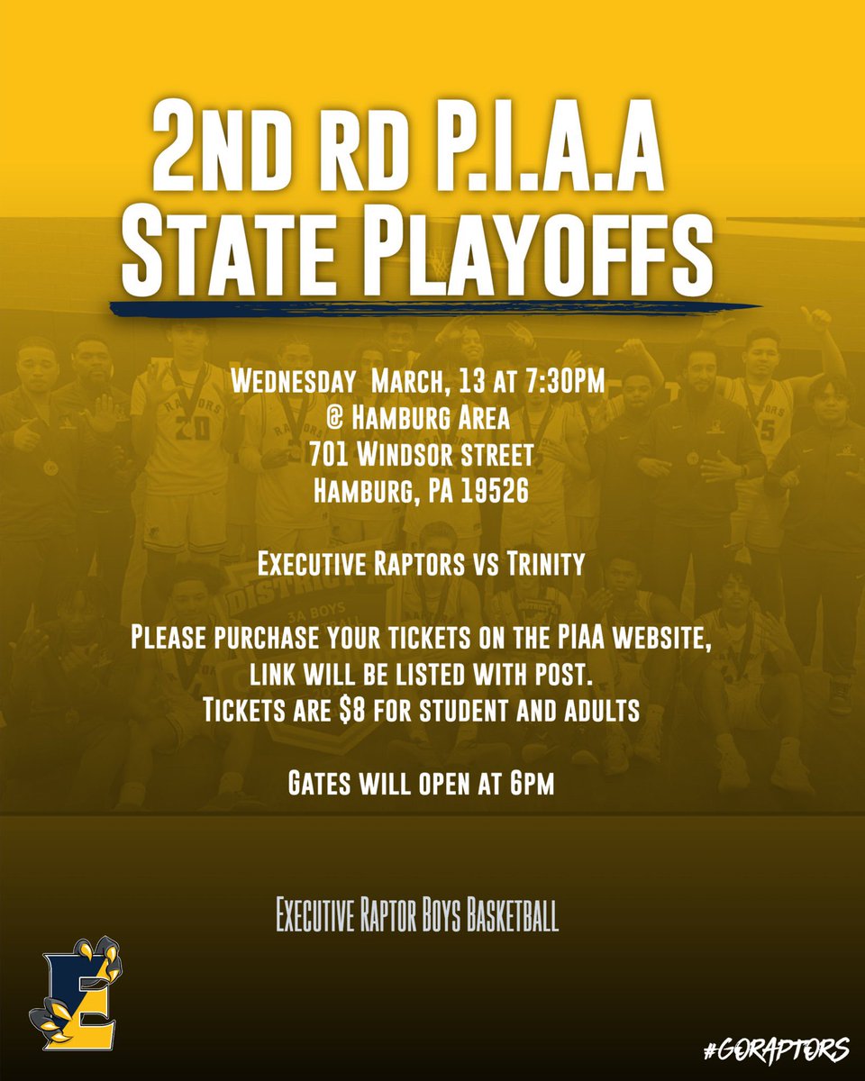 Gameday! The raptors will travel to Hamburg Area HS and take on Trinity tip off is set for 7:30 P.M. #GoRaptors