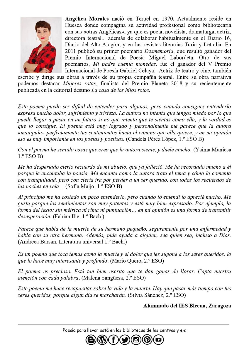 N.º 13A:«Alguien» de Angélica Morales elegido por el IES Blecua «expone de forma cruda, visceral y honesta, valiente su dolor, concreto e individual.Descubrimos enseguida que no es muy diferente a nuestro dolor.» <a href="/ble_cua/">BiblioBleCua</a> <a href="/C_ComunicativAr/">Competencia Comunicativa Aragón 2024</a> <a href="/MadeinBleCua/">MadeinBleCua</a>   poesiaparallevar.catedu.es/n-o-13a-alguie…