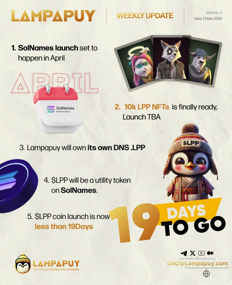ScottACHarkness's tweet photo. Lampapuy $LPP is just 19 days away from it's much anticipated launch. The 1st Community Coin of #Solana, @lampapuy DAO has a massive 51% #Airdrop
Join TG &amp; Discord to share!
Launch 1st of April
#LampapuyLPP #LPP #memecoin #communitycoin #AirdropCrypto #memecoin2024 #Potential100x https://t.co/BNE9T45yjI