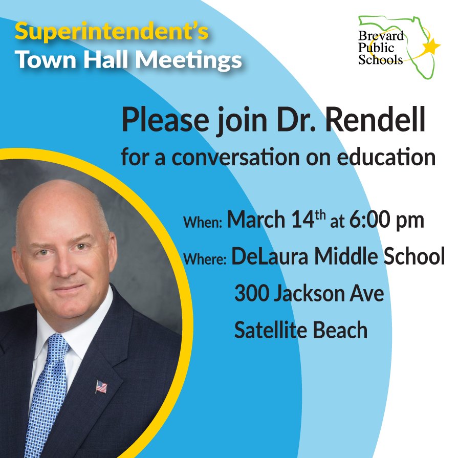 Brevard Schools on X: "#OurSuperintendent is hosting his next Town Hall at  DeLaura Middle School tomorrow, March 14, at 6PM. This event is open to  everyone, so mark your calendar to attend.