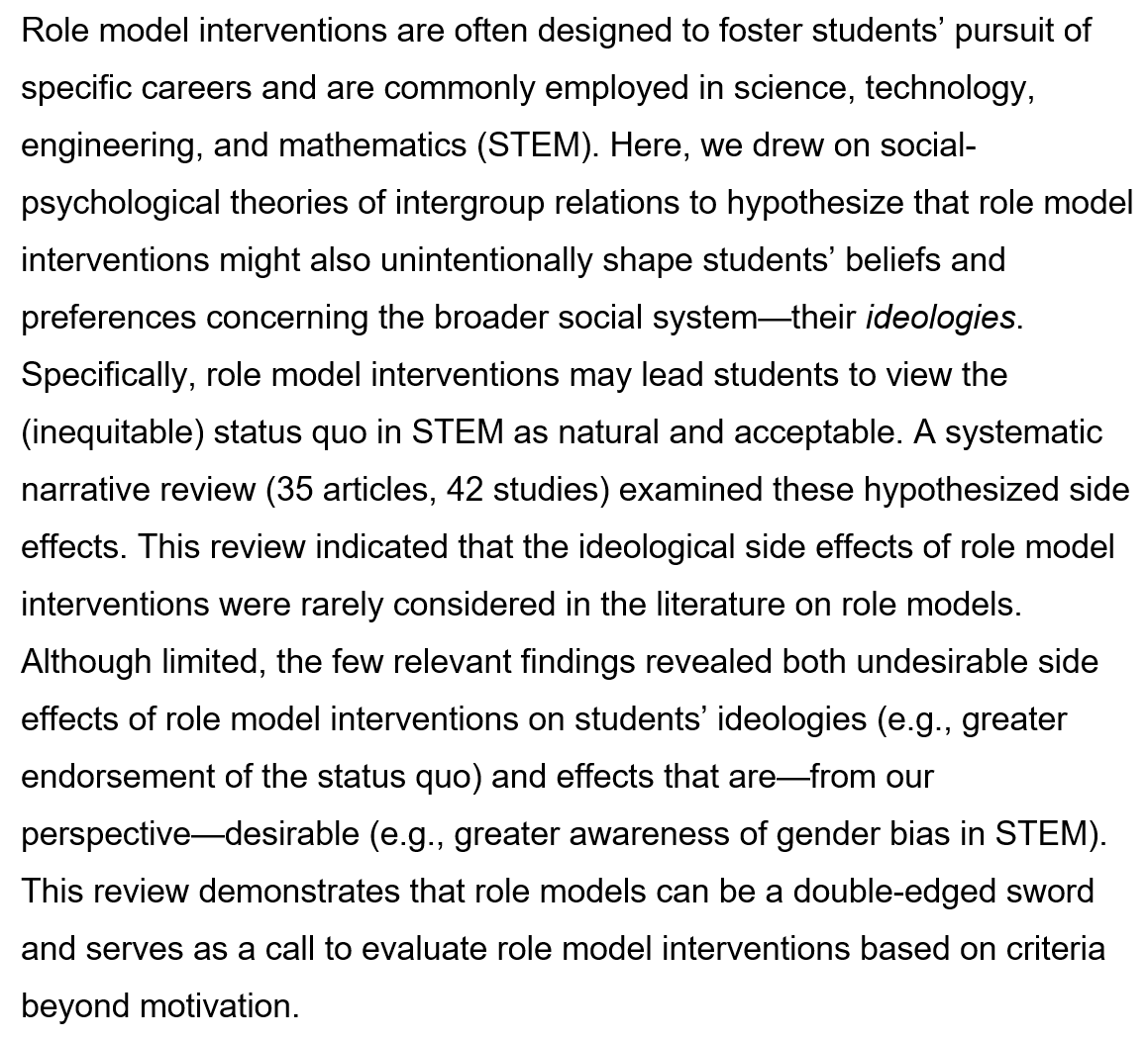 Andrei Cimpian (@andreicimpian) on Twitter photo The gist: While role model interventions might motivate some students, they may ALSO lead students to view the inequitable status quo in various careers as natural and acceptable.
It was a pleasure working on this with C. Verniers, <a href="/CrisAelenei/">Cristina Aelenei</a>, and the rest of our team! The gist: While role model interventions might motivate some students, they may ALSO lead students to view the inequitable status quo in various careers as natural and acceptable.
It was a pleasure working on this with C. Verniers, <a href="/CrisAelenei/">Cristina Aelenei</a>, and the rest of our team!