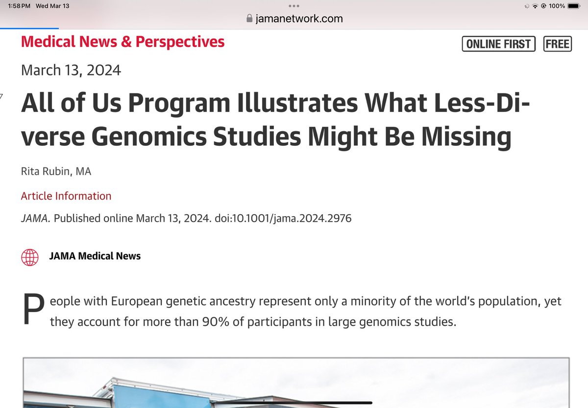 People with European genetic ancestry represent only a minority of the world’s population, yet they account for more than 90% of participants in large genomics studies. Via @JAMA_current @AllofUsResearch jamanetwork.com/journals/jama/…