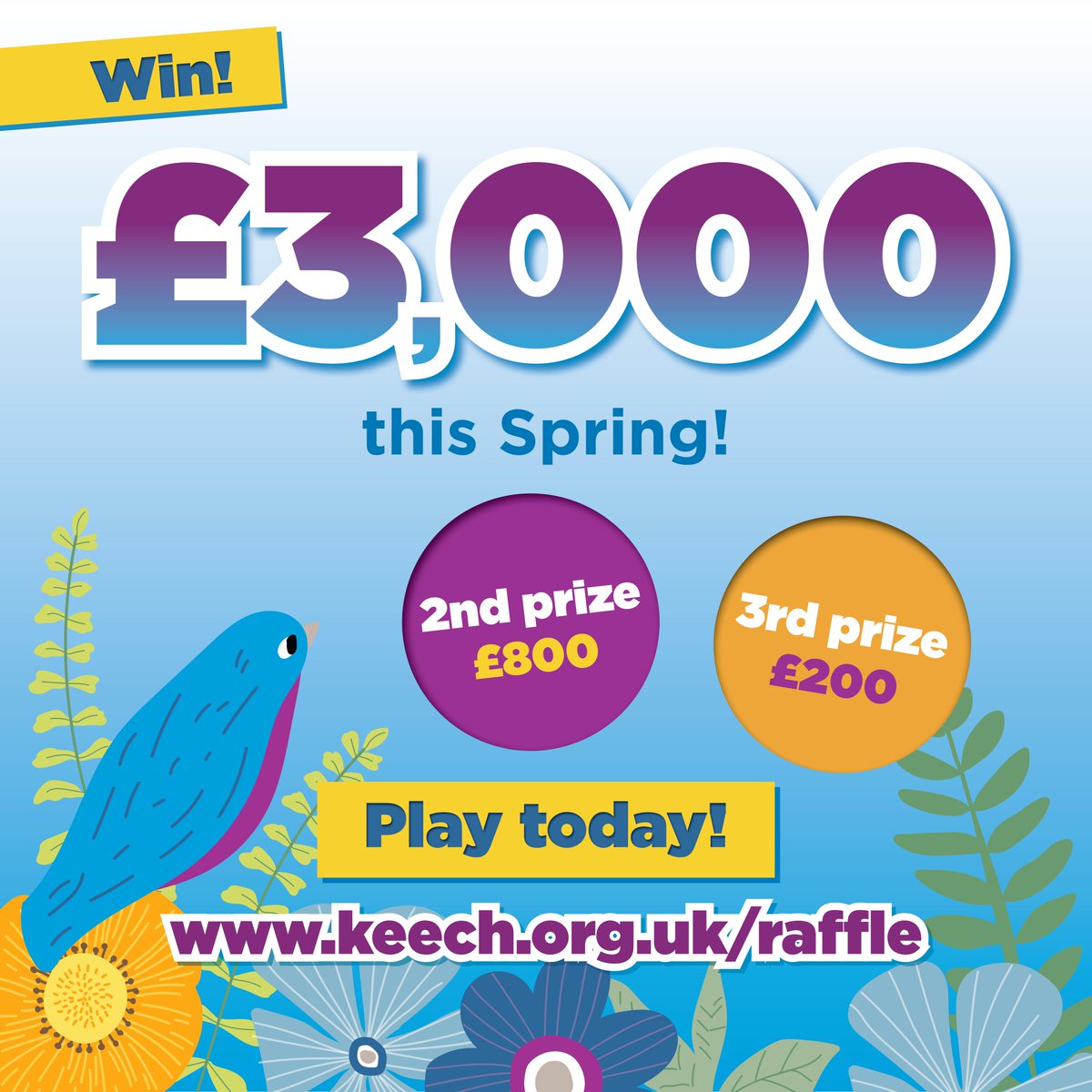 Last chance to enter our Spring Raffle! 🐣 You could win £3,000 so what are you waiting for? ➡️ bit.ly/springraffle24… Your support will allow us to continue supporting children and adults with life-limiting illnesses as well as their loved ones, so thank you. 💜💙