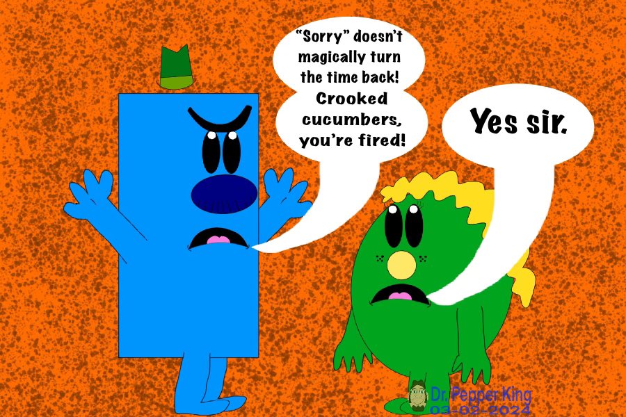 DrPepperKingVA's tweet image. 🎨Mr. Grumpy isn’t pleased with how tardy Miss Late is for work, and Mr. Rude makes it worse for her.
#TheMrMenShow #MrMenLittleMiss #MrGrumpy #MissLate #MrRude #MissChatterbox #FanArt #DigitalArt #ArtMoots #HumanArtSuperior #AIArtInferior #ArtistOnTwitter