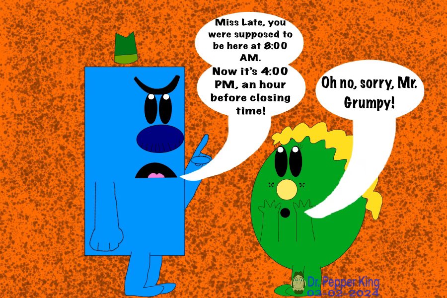 DrPepperKingVA's tweet image. 🎨Mr. Grumpy isn’t pleased with how tardy Miss Late is for work, and Mr. Rude makes it worse for her.
#TheMrMenShow #MrMenLittleMiss #MrGrumpy #MissLate #MrRude #MissChatterbox #FanArt #DigitalArt #ArtMoots #HumanArtSuperior #AIArtInferior #ArtistOnTwitter