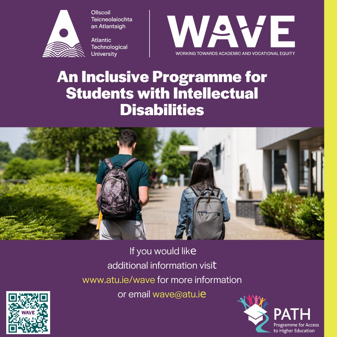 ATU is proud to announce an inclusive programme for students with intellectual disabilities, available to study at multiple campuses across the ATU region. Applications will open on April 15th for September 2024 start Visit atu.ie/wave for more information #ATU #WAVE