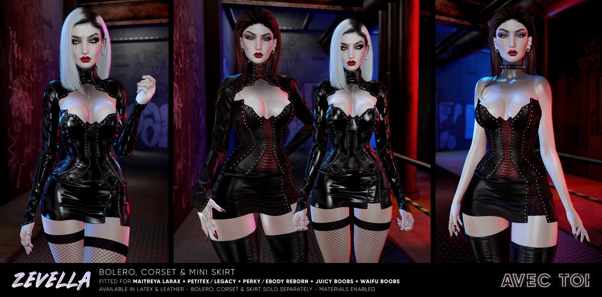 AvecToiBrand's tweet photo. AVEC TOI’s new Zevella bolero, corset &amp; mini skirt, let you sit like a man, but smile like a reptile. Bold detail seldom seen in Second Life fashion, Take the plunge, in latex, leather or both.

❤️LM: https://t.co/ase7A6chUd
Info➡️ https://t.co/TtJWDev4mR

#AVECTOI #SecondLife https://t.co/LSBqovs6WF
