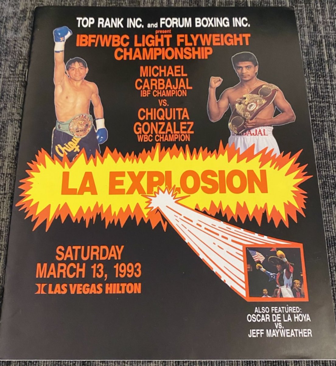 31 years ago today Michael Carbajal stopped Humberto “Chiquita” Gonzalez in round 7 in a unification bout. The fight was a war and was @ringmagazine fight of the year for 1993. Here is a scarce program from that night.