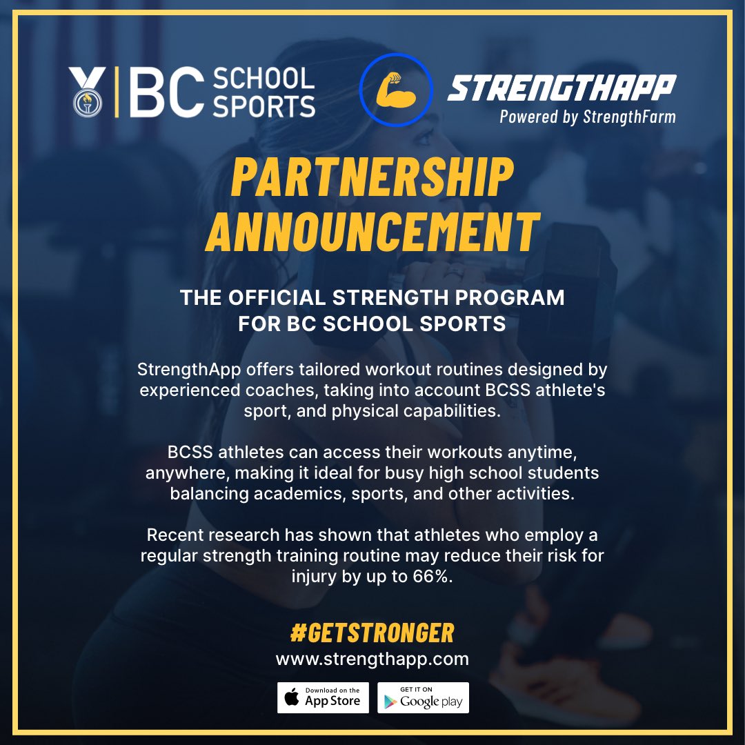 We are excited to announce our official partnership with the Canadian Province of British Columbia School Sports, BCSS! This partnership will provide extensive access to StrengthApp (strengthapp.com) for student athletes in BCSS. @BCSchoolSports 💪📲 #sportsperformance