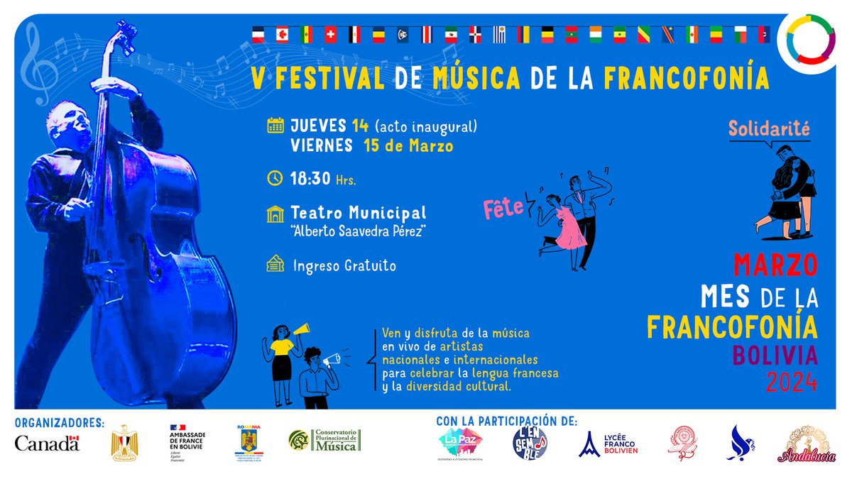 Arranca el V Festival de Música de la #Francofonía con una programación imperdible de L'Ensemble - Chanson Française, maestros y estudiantes del Conservatorio Plurinacional de Música, Lycée Franco-Boliviano, Instituto de Formación Musical Luis Felipe Arce. ¡Te esperamos!