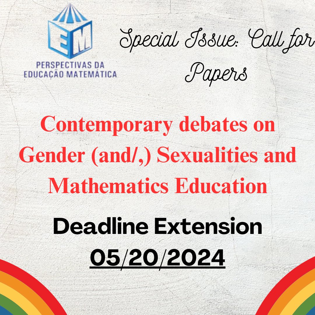 New deadline (05/20/24) for paper submissions to the special issue in gender (and/,) sexualities and mathematics education! Consider publishing articles with us. periodicos.ufms.br/index.php/pedm… #gender #sexuality #mathematicseducation #Mathematics #phdchat #phdlife #specialissue