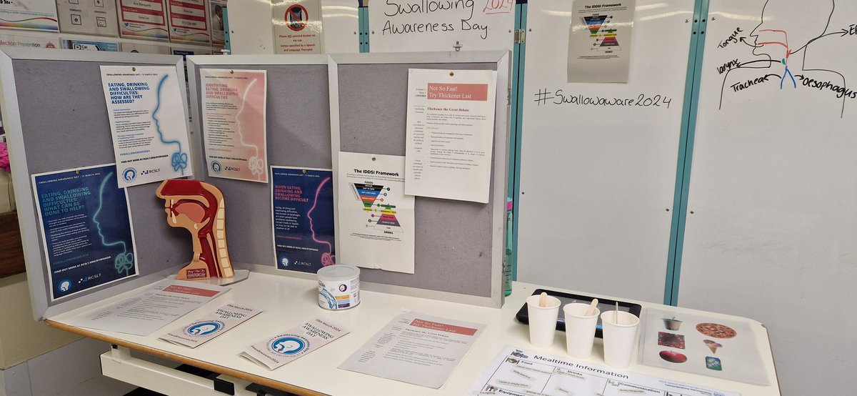 Swallowing Awareness Day stand on @LeicesterNRU courtesy for Alex and Alice SLT Students from @dmuleicester with a special nod to the recent @RCSLT position paper on thickened fluids #thinkbeforeyouthicken #SwallowAware2024