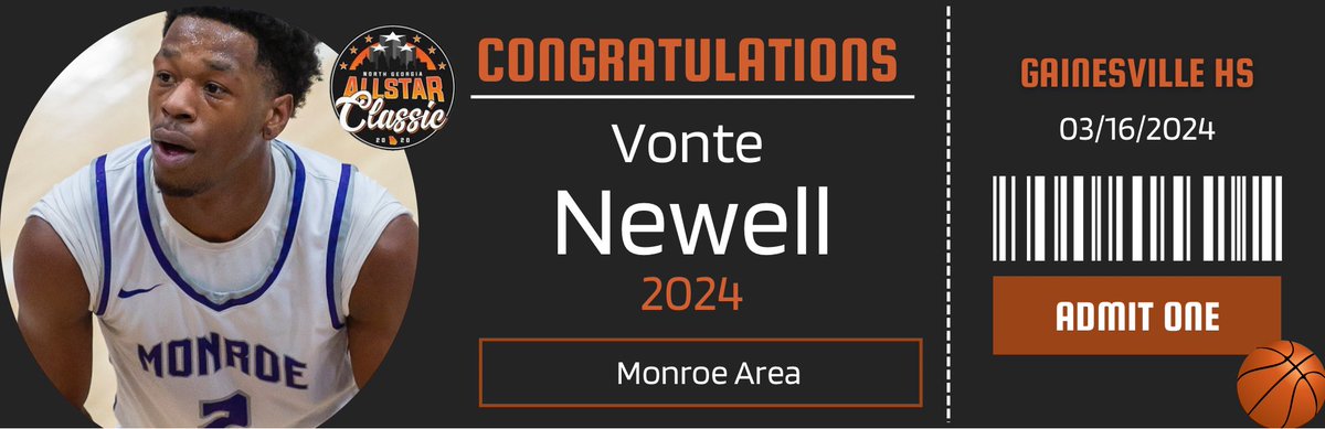 🚨North Ga All Star Classic 🚨 🗓March 16th 🏢 Gainesville High School 🎥 NonStop Sports 🖊️ Media ✅ Top Players Vonte Newell from Monroe Area is in for the All Star Classic.