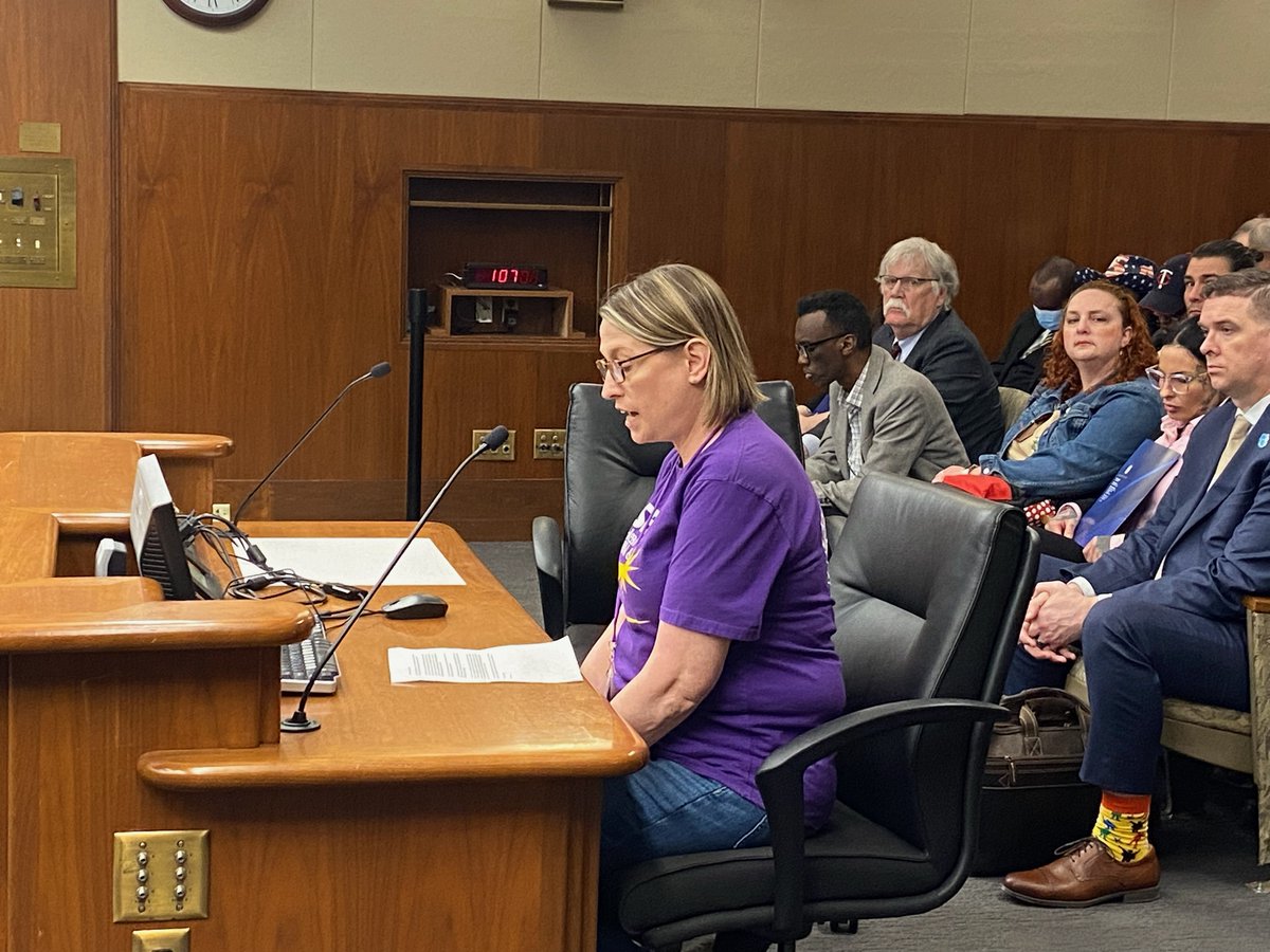 SEIU member Angela Knutson testifies in support of HF4745 (<a href="/Jamiemlong/">Jamie Long</a>) MNCare Public Option. We believe no one should have to choose between paying bills and getting health care! #mnleg