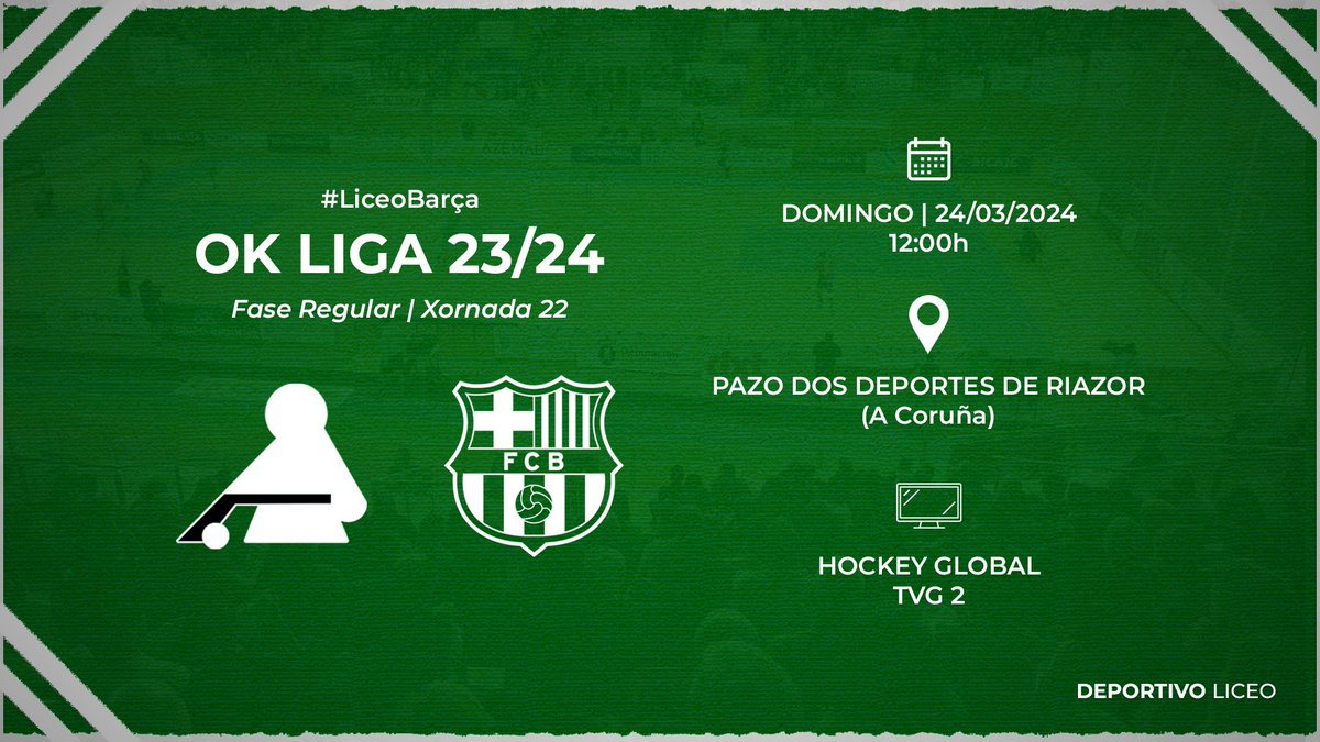 Hockey Club Liceo 🥬 (@hockeyclubliceo) on Twitter photo Lembra, #Liceísta, que o domingo 24 tes todo un #LiceoBarça en Riazor. Necesitaremos a túa axuda!
Se non es socio ou abonado contas con pases a só 5€:
➡️ Venda online vía <a href="/Cluber_App/">Cluber | La plataforma de gestión para clubes</a>: app.cluber.es/clubes/3321d9a…
🔗 Toda a información: hockeyclubliceo.com/liceobarca-ent…
#SomosLiceo 🟢⚪️ Lembra, #Liceísta, que o domingo 24 tes todo un #LiceoBarça en Riazor. Necesitaremos a túa axuda!
Se non es socio ou abonado contas con pases a só 5€:
➡️ Venda online vía <a href="/Cluber_App/">Cluber | La plataforma de gestión para clubes</a>: app.cluber.es/clubes/3321d9a…
🔗 Toda a información: hockeyclubliceo.com/liceobarca-ent…
#SomosLiceo 🟢⚪️