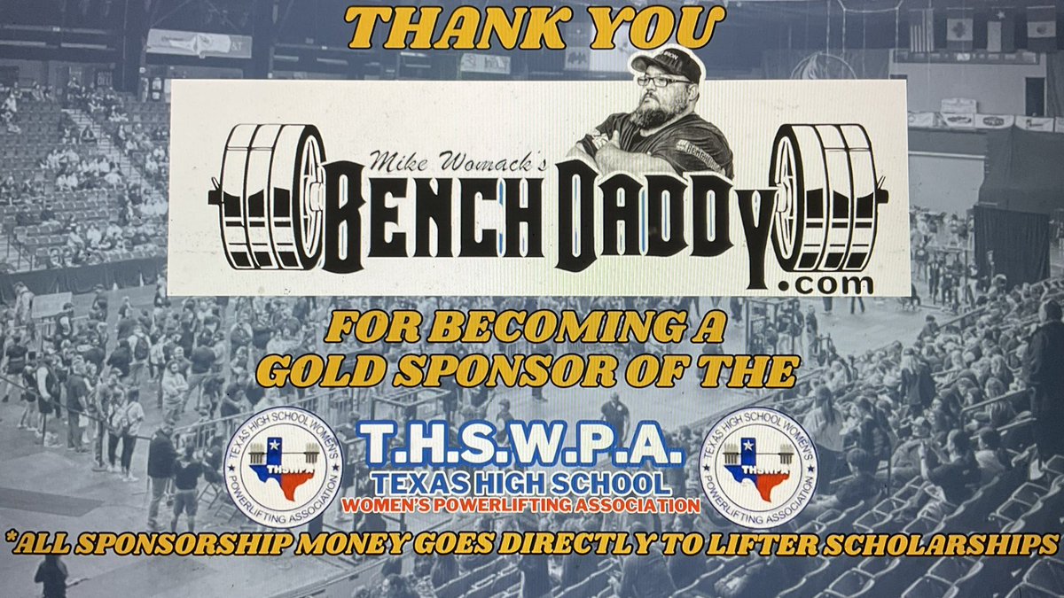 thswpa's tweet photo. THANK YOU Bench Daddy for your Sponsorship of THSWPA. We proudly provide thirty $1000 scholarships for senior lifters as they embark on the next phase of their journey. #thswpa https://t.co/6NjCiKQDVO