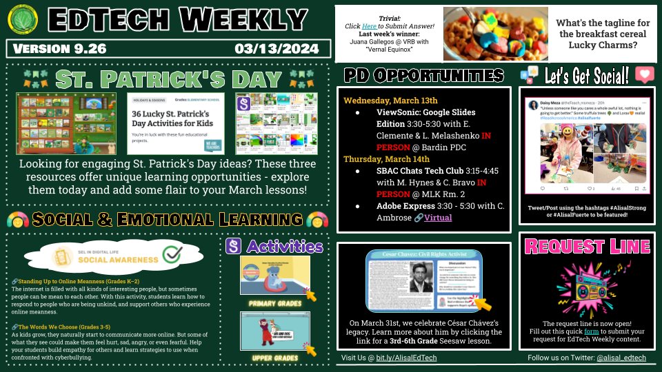 Happy Wednesday @AlisalUSD 🌈. In this week's EdTech Weekly you'll find these resources to explore: St. Patrick's Day ideas ☘️, SEL in Digital Life Lessons 🫶🏼, a César Chávez Resource🌱, PD opportunities 🎨, and more 😋! #AlisalStrong #AlisalFuerte bit.ly/AlisalWeekly