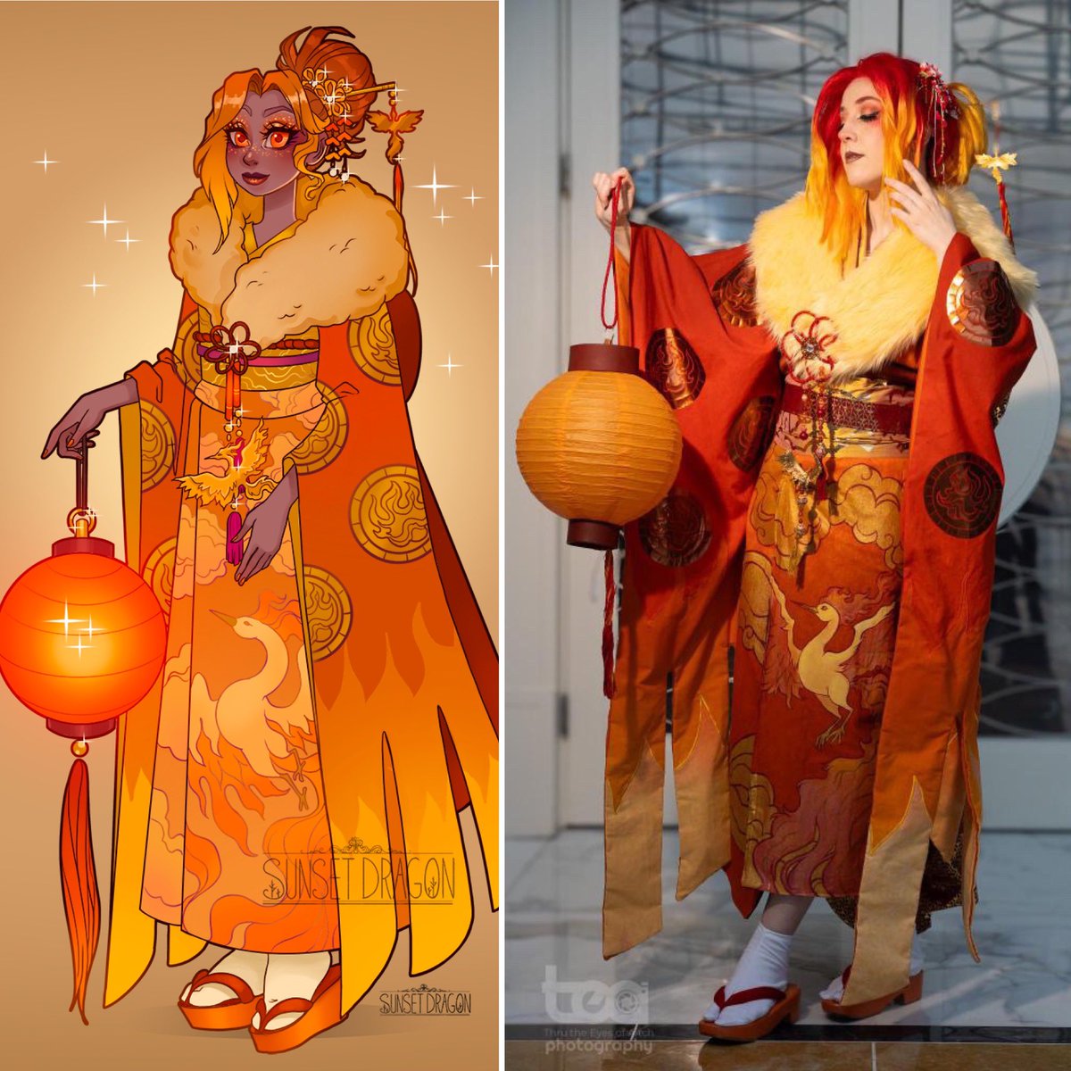 _SunsetDragon_'s tweet image. Side by side of my Moltres cosplay. Photo by EyesofhPhotography #moltres