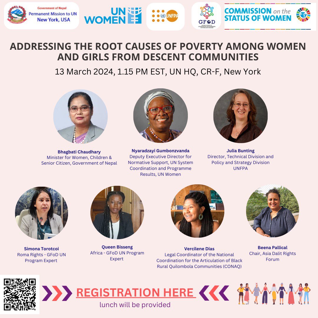 #CSW68 going on now an important side event addressing the root causes of poverty among women and girls from descente communities organised by @UN_Women @unwomenafrica @UNFPA @UNFPA_WCARO @CastoutSlavery & Nepal Permanent Mission. @AsiaDalitRights @AfricanWHRD @sefelepelosebat