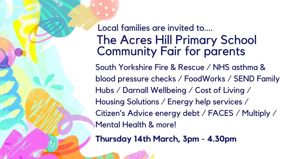 Looking forward to supporting @AcresHillSchool with their Community Fair tomorrow 🙌 with amazing partner organisations- all there to help local families #costofliving @TheFoodWorksSHF @SheffFamilyHubs @SYFireAuthority @multiplysheff @FACESSheffield @JCPinSouthYorks & more