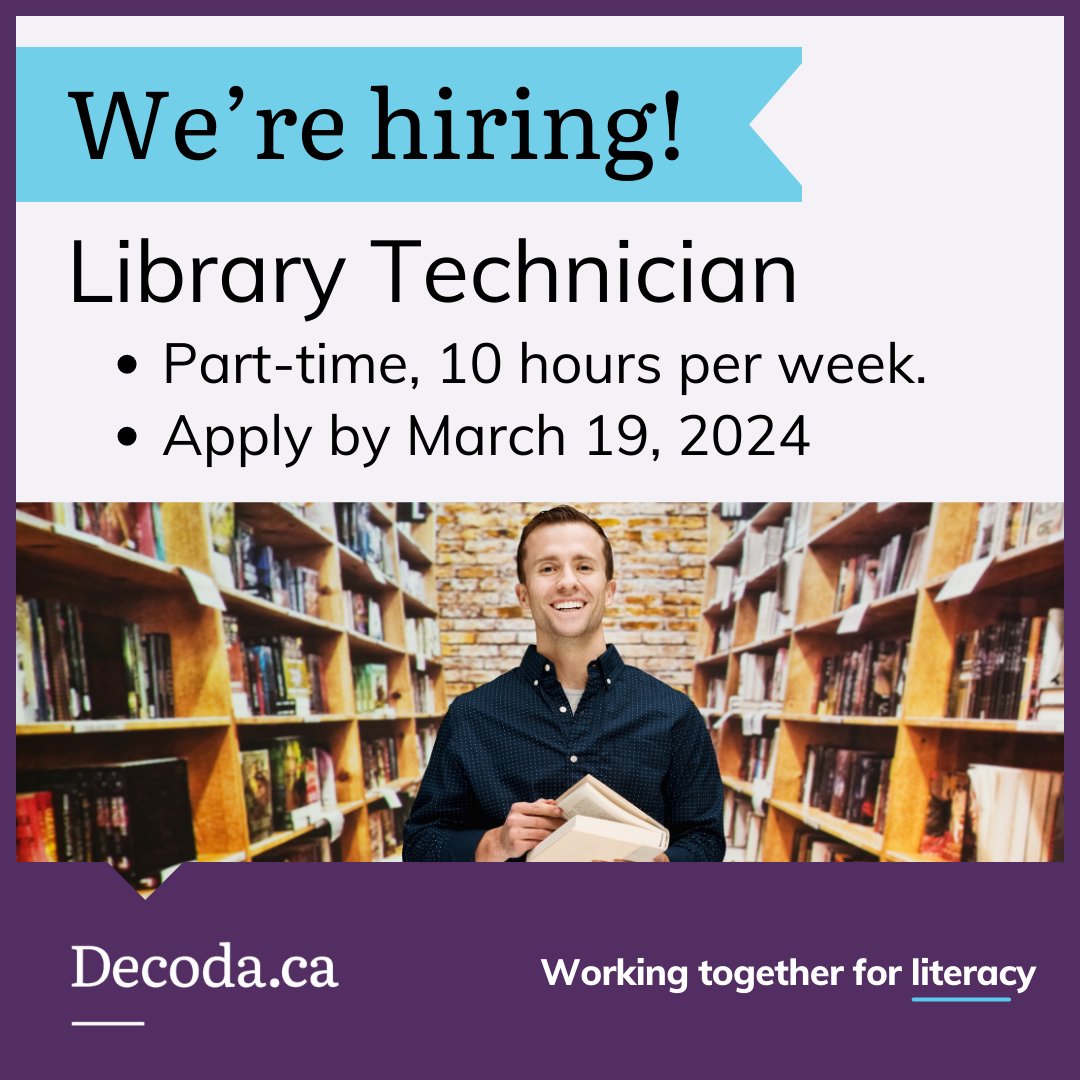 decodaliteracy's tweet image. 📚 We are hiring a #LibraryTechnician!

This is a term, part-time position at 10 hours per week, and may be extended, month to month.

Read the full job posting at: decoda.ca/wp-content/upl…

🔴 Deadline to apply is March 19, 5:00 p.m.

#Hiring #JobOpportunities #Literacy #Library