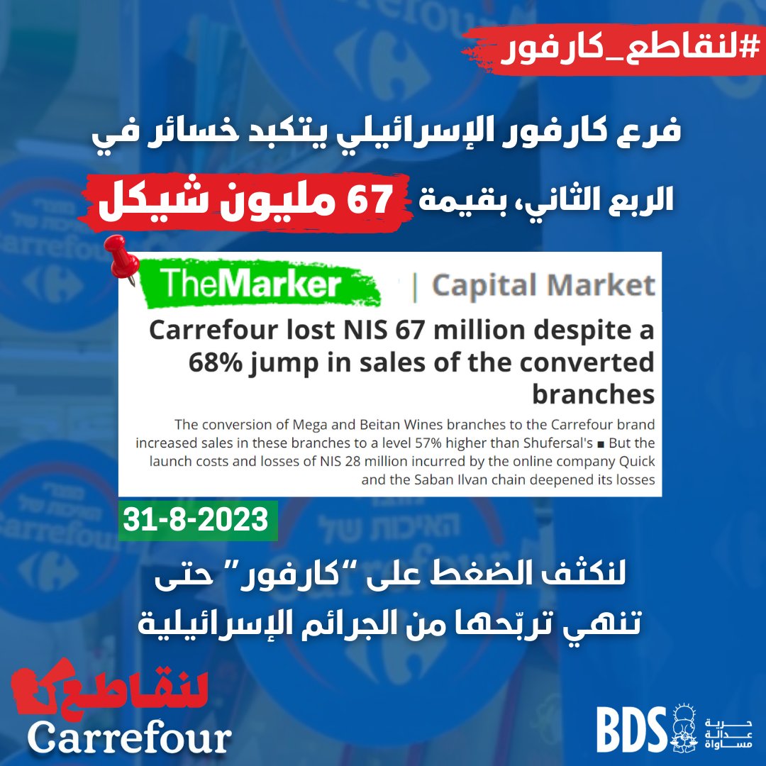 حسب صحيفة "ذا ماركر الإسرائيلية" تكبد فرع كارفور "الإسرائيلي" خسائر في الربع الثاني بقيمة 67 مليون شيكل.
لنكثف الضغط على كارفور حتى تنهي تربّحها من الجرائم الصهيونية!  #لنقاطع_كارفور   #BoycottCarrefour