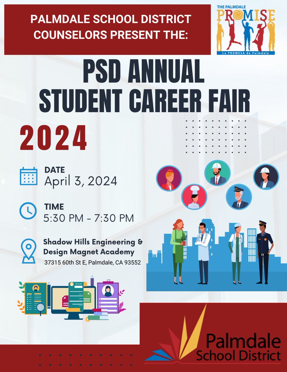 PSD Annual Student Career Fair psqr.io/b40k4Ue2-5 via @ParentSquare #PalmdaleLeads #PalmdalePROMISE #PalmdaleSchools