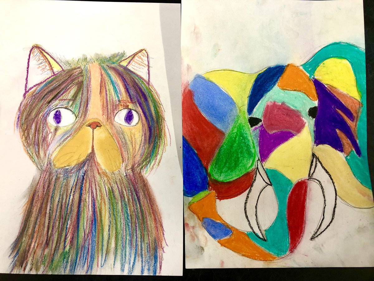 MrHart95's tweet photo. Super proud of our @stevenbrownART inspired oil pastel creations in P7 today! 

Some stayed close to the originals with Highland Coos and Lions, whilst others branched out to design flamingoes, bunnies and even a moth! https://t.co/7opWiOLiz5