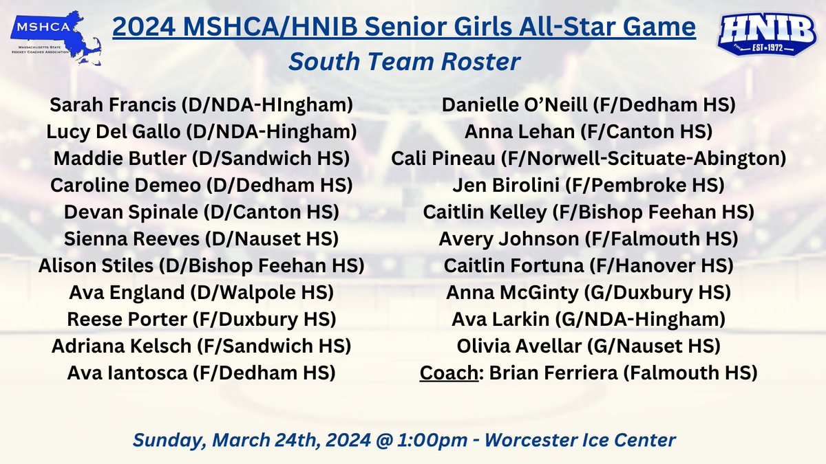 We are proud to announce the 2024 Boys & Girls MSHCA/HNIB Senior All-Star Teams which will be playing at the Worcester Ice Center on Sunday, March 24th, 2024. The Girls Game is @ 1:00pm & the Boys Game is at 3:10pm. Tickets will be sold at the door.