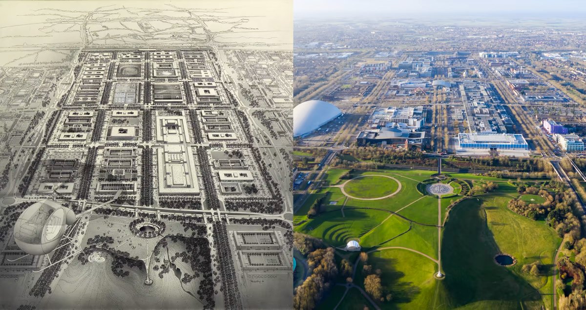 Milton Keynes (Helmut Jacoby's 1971 'vision for 1990' and an aerial view of the town today).