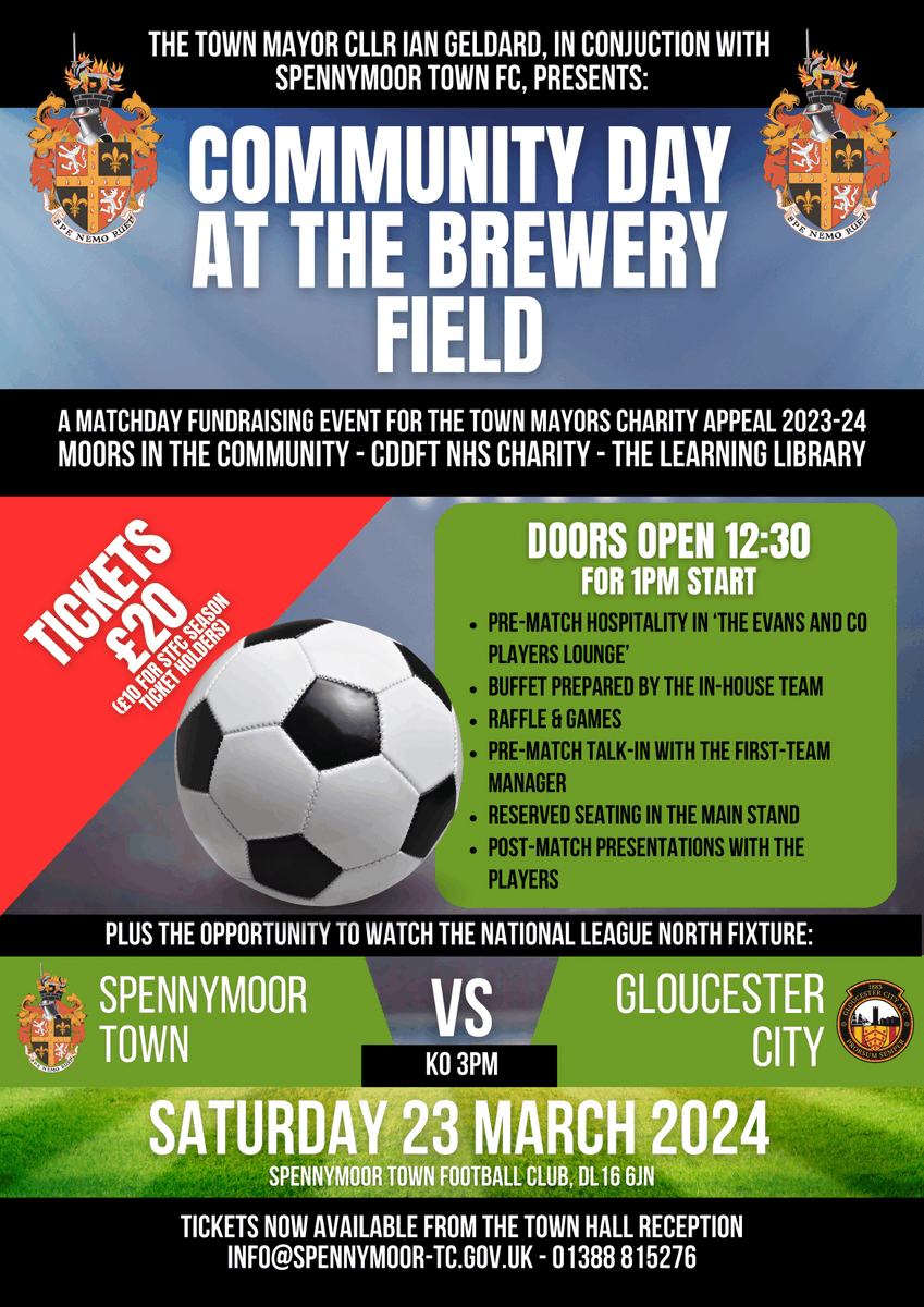 iangeldard's tweet image. I'm excited to welcome a number of our regions Mayors, and others to @SpennymoorTown for a special pre-match session ahead of the @GCAFCofficial match on Saturday 23rd March

For tickets, drop me a message, or pop into Spennymoor Town Hall.

@CDDFTCharity #Moors