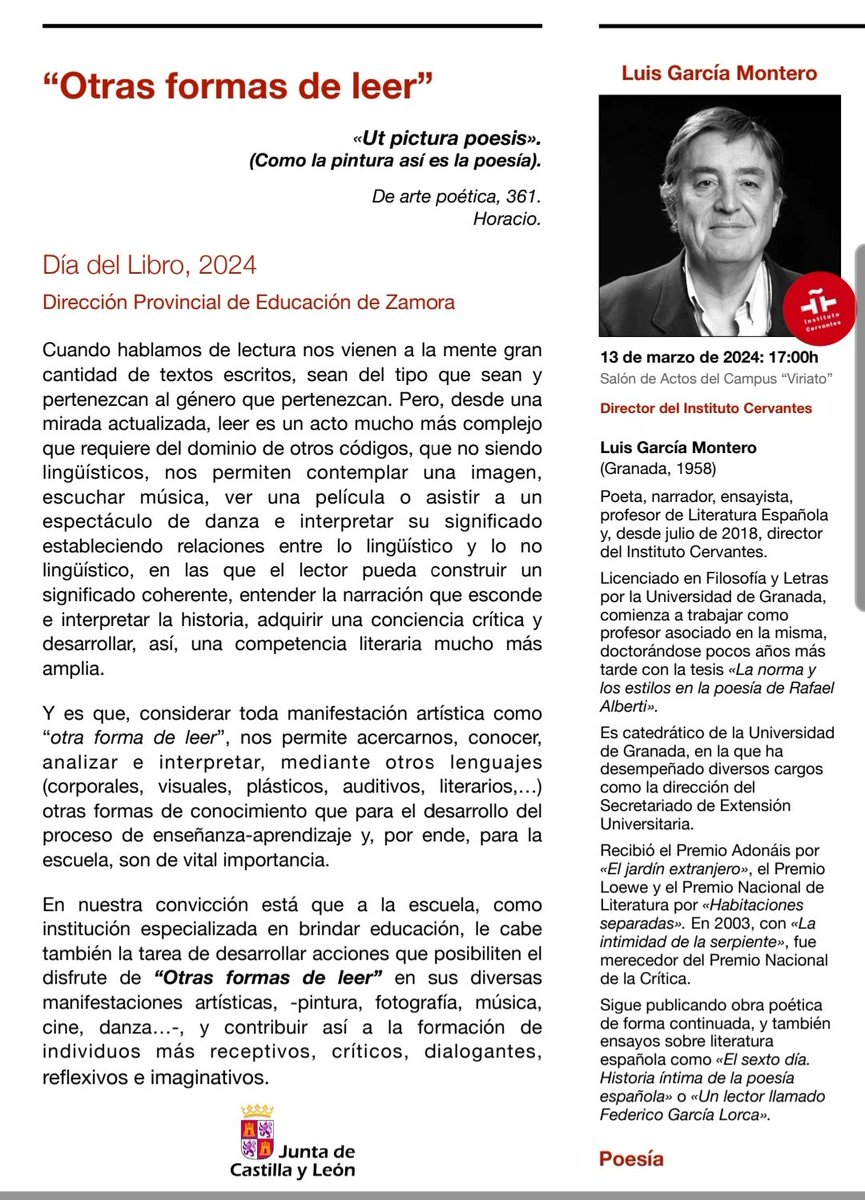 #zamoralee Esta tarde iniciamos "Otras formas de leer" con la presencia de <a href="/lgm_com/">Luis García Montero</a> Director del <a href="/InstCervantes/">Instituto Cervantes</a>
Desde la Dirección Provincial de Educación de Zamora se agradece su presencia 
#formaciónCyL <a href="/educacyl/">Educación JCyL</a>
 <a href="/cfiezamora/">CFIE de Zamora</a> <a href="/maiteroes/">Maite Rodríguez</a>
