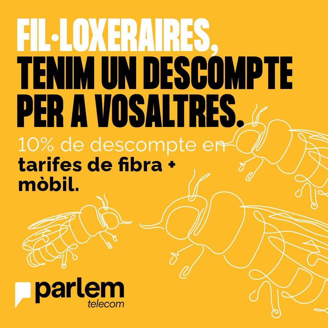 Enguany, gràcies a la col·laboració amb @Parlem, portem un descompte exclusiu pels socis/es de la Fil·loxera per a les vostres tarifes de fibra+mòbil. Perquè el dia 8/09 estigueu més connectats amb la Festa i els vostres que mai 💛🐝. Aconsegueix-lo a web.parlem.com/colectiu-filox…