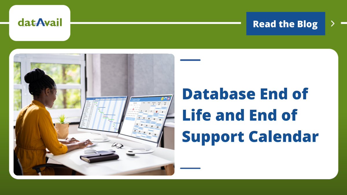 datavail's tweet image. Knowing when your #database technology reaches its end-of-support can save your organization from security risks, increased costs, and performance issues. Check out our blog for a list of popular databases reaching end-of-life in 2024: bit.ly/3wqNVgn
#databasesupport