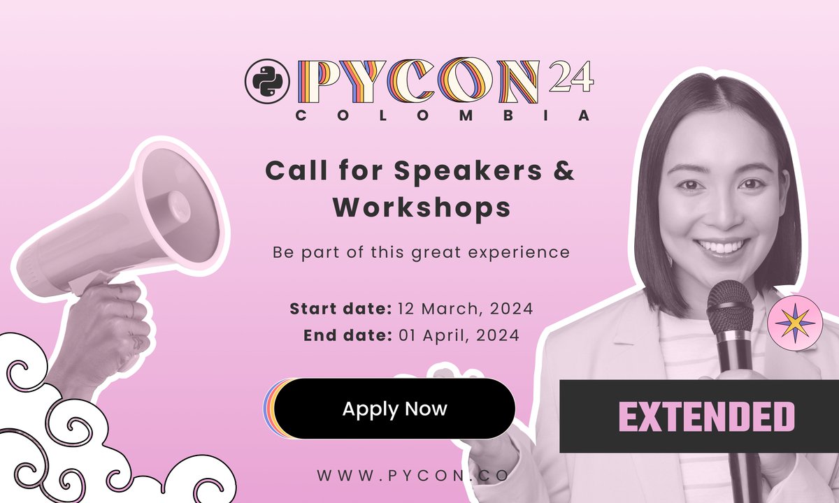 📢📢 Great news!!

The organizing committee of PyCon Colombia has decided to extend the call for speakers until April 1, 2024

Don't miss out on this last chance!🏃🏃‍♀️

Go to: 2024.pycon.co/en/call-for-pr…

and submit your proposal 🥳

#PyconColombia2024 #Medellin #Tech #Programacion