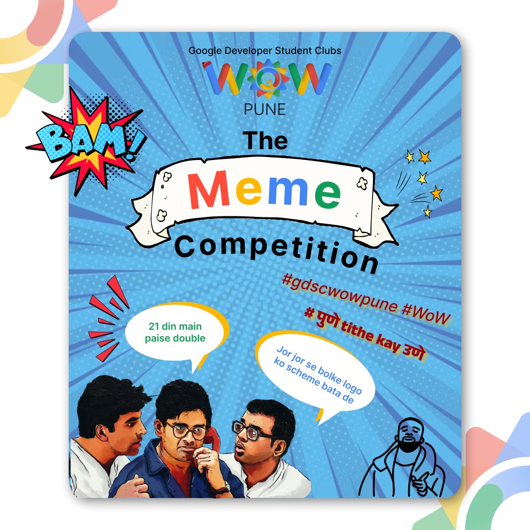 GDGoCPune's tweet image. Got memes?
Join the #GDSCWoW2024 Meme Competition! 🖼️

Follow #GDSCPune on X, tag #GDSCWowPuneMemes, and submit by 5th April for a chance to win a free event ticket! Keep it fun, keep it clean. Let’s see your best student life meme! 🎓😂

#WoWपुणेtithekayउणे